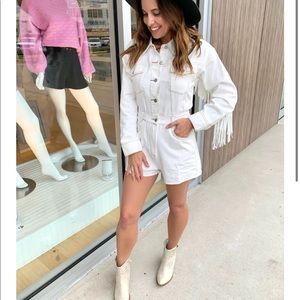 White denim fringe romper